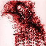skeleton above burning building