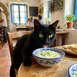 cat eating tzataiki from a bowl