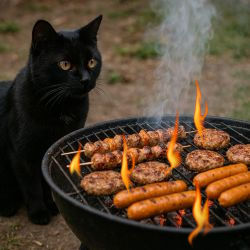 cat by gas grill