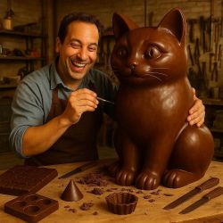 man sculpting large cat