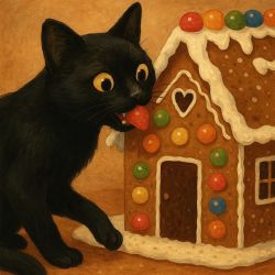 cat eating gingerbread house