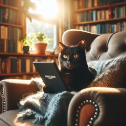 cat with book on wing chair