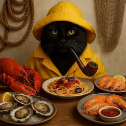 cat surrounded by seafood