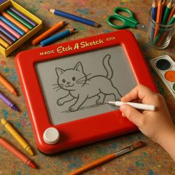 cat drawing on an Etch A Sketch