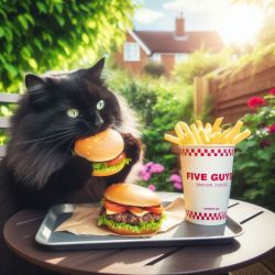 cat with Five Guys meal