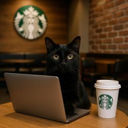 cat with laptop at Starbucks