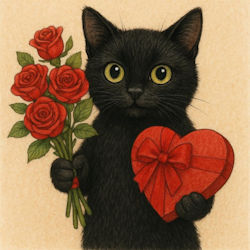 black cat with roses and candy