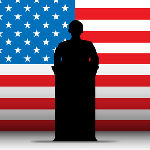 outline of president in front of flag