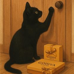 cat by tree with Godiva chocolate